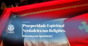 Imagem de caixão vermelho com figura religiosa, papa Francisco, usando vestes litúrgicas e sapatos simples. Texto sobreposto: 'Prosperidade Espiritual Verdadeira nas Religiões. Presença ou Aparência?' - Farol Ancestral.