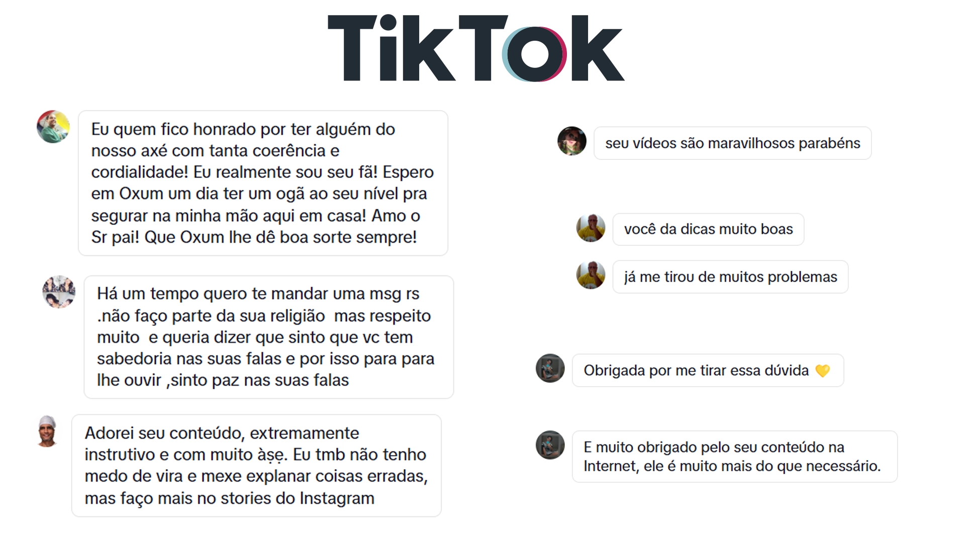 Imagem com colagem de comentários feitos no youtube pelo público assinante do canal do farol ancestral no Tiktok