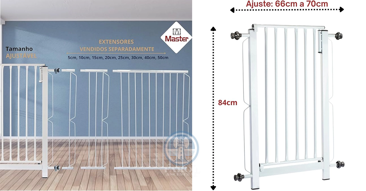 Imagem do Produto Grade Master de Proteção para Bebês e Pets em Aço com 76-80cm. Ajustável por Pressão – para uso em Portas/Escadas. Compra feita pelo site da Amazon, através do nosso link de afiliado.